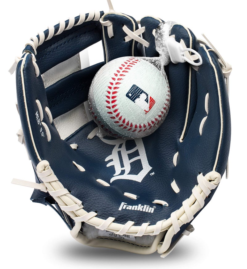 Franklin Sports مجموعة قفاز وكرة تيبال من فرانكلين سبورتس MLB للأطفال - قفاز وكرة بيسبول وتيبال للأطفال من ديترويت تايجرز - قفاز مثالي للأطفال - 9.5" - Image 1